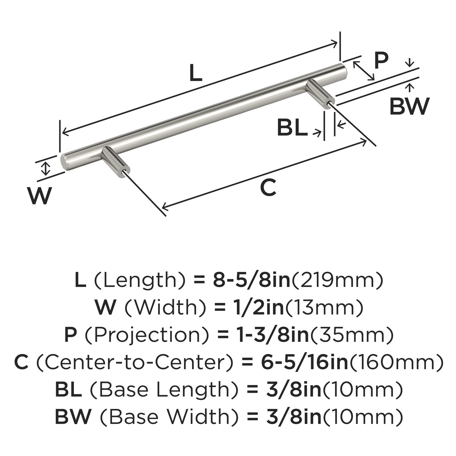 Bar Pulls Cabinet Pull, 6 5/16", Polished Nickel, 1