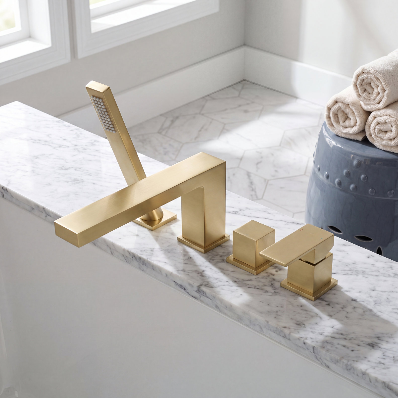 Cube Deck-Mounted Tub Filler with Diverter, Brushed Gold