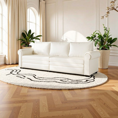 Elegant Chesterfield Sofa - 93.7" King Size 3-in-1 Convertible Sleeper Sofa with Nailhead Trim, Faux Leather, Beige & White, Perfect for Living Room & Bedroom