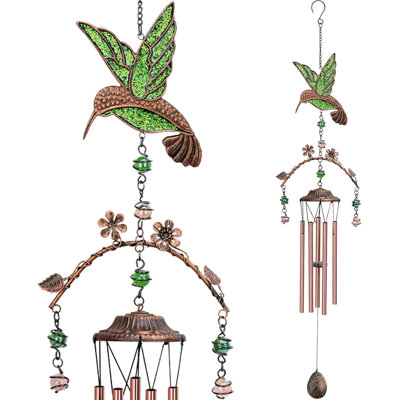 Green Hummingbird Wind Chimes for Outside Deep Tone 34 inches 5 Aluminum Tubes
