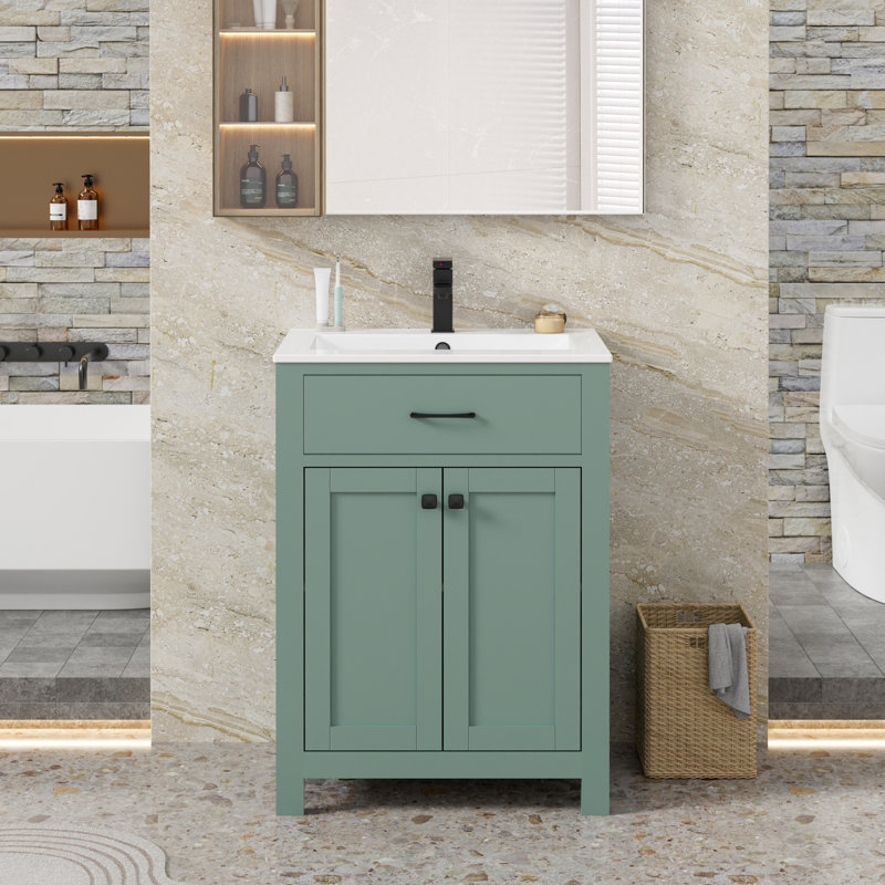 Manrique 24" Modern Single Bathroom Vanity with Ceramic Sink Top, Faucet, Eco-friendly Hand Paint, Sage Green