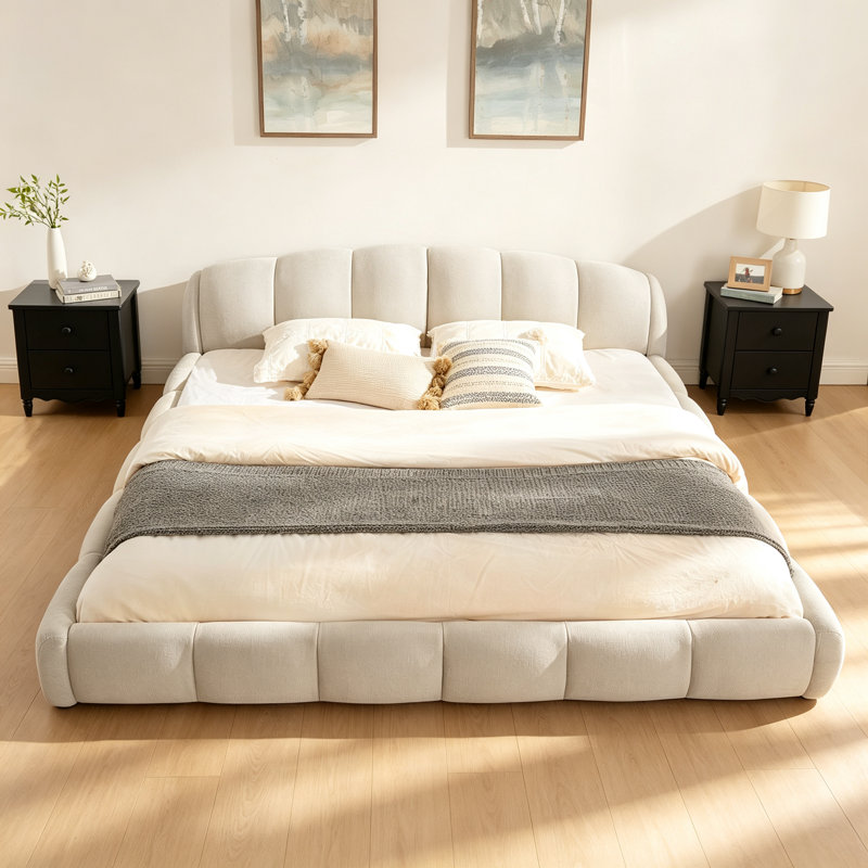 Très grande base de lit tapissier très grande taille en chenille, tête de lit épaisse incurvée et pied de lit enveloppé, lit à profil bas, pas de sommier requis, assemblage facile, beige