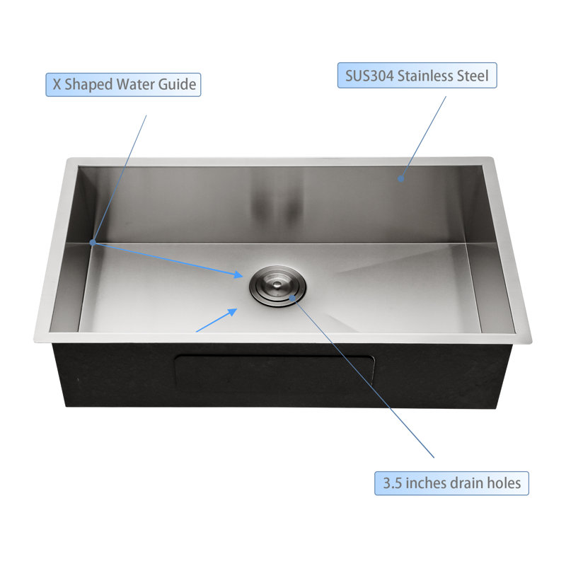 Single Bowl Stainless Steel Kitchen Sink, Brushed, 18, 9" H x 18" W x 30" L