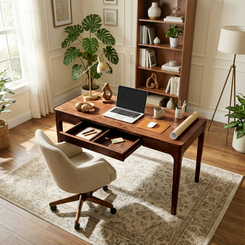 ACACIA Wilma 48” Modern Writing Desk with Storage Drawer, Solid Rubber Wood Space-Saving Table for Small Dining Table for 4, Home Office Workstation, Leisure, Easy Setup - Walnut Finish