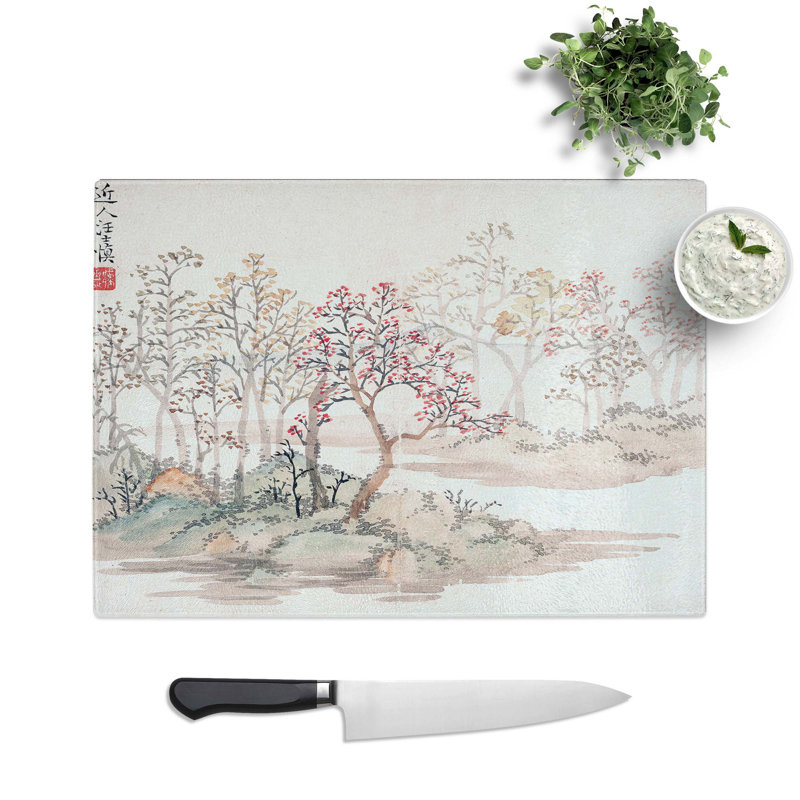 Glass Floral Landscape by Wang Shishen Chopping Board, 39 cm W x 28.5 cm L