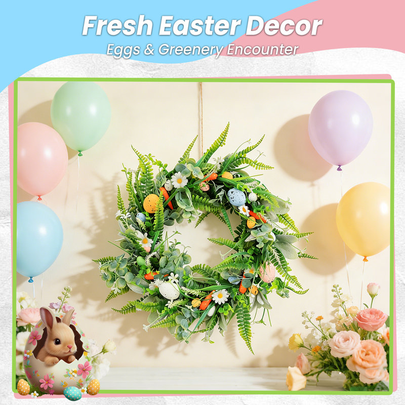 Couronne de Pâques de 18 pouces avec œuf de Pâques, fleurs et feuilles vertes pour les fêtes et l'anniversaire