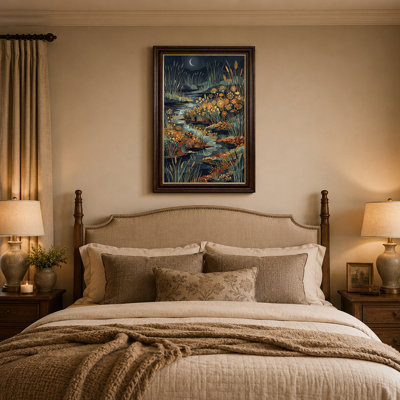 Dark Blue Stream Mosaic With Moon And Tall Grasses Canvas Wall Art