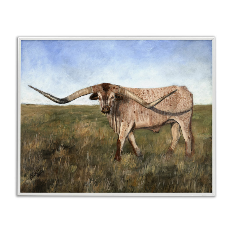 Bétail avec de jolies cornes, art giclée par Kathy Winkler, H 24 po x l 30 po, Estampe numérique encadrée blanc bord de mer