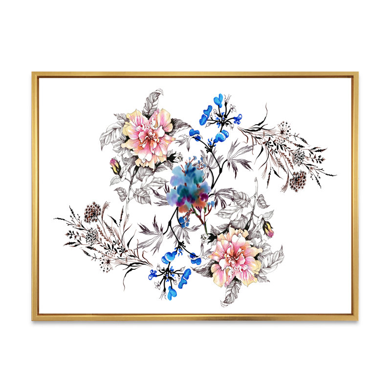 Fleurs bleues et roses - Peinture sur toile, H 16 po x l 32 po x p 1 po, Cadre flottant doré