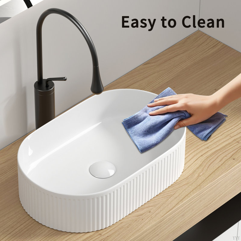 Oval Bathroom Sink Above Counter,19″ x 12″ White Porcelain Vessel Sink, Modern Vanity Bowl Sink, Art Ceramic Wash Basin （Only Basin）