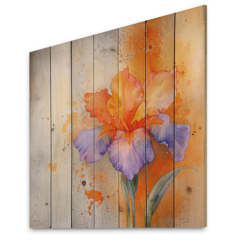 Purple And Orange Eternal Dream Of Iris II - Irises Wooden Wall Art On Natural Pine Wood, 15" H x 15" W x 0.78" D