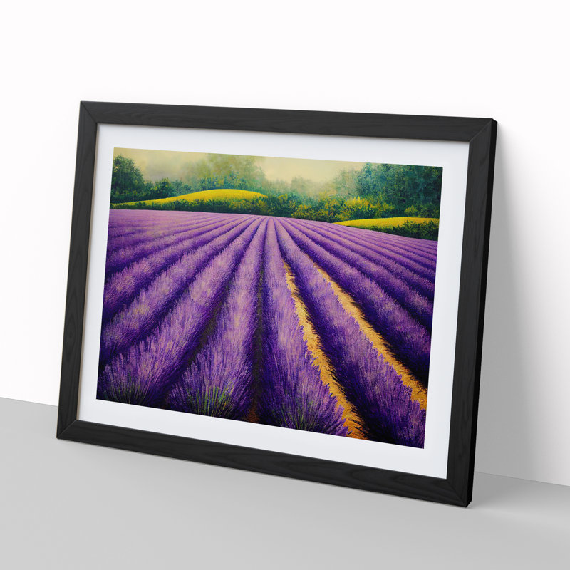 Cheerful Lavender Flower Field - Single Picture Frame Painting, 25cm H x 34cm W x 2cm D, Black