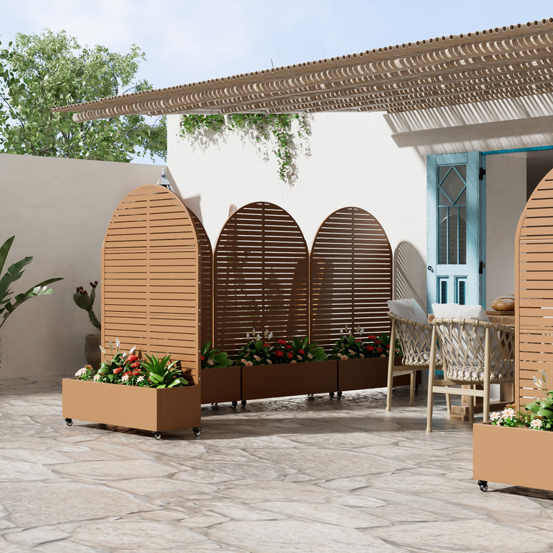 Arch Metal Planter Box with Trellis with Wheels, Brown, 72" H x 47" W x 16" D