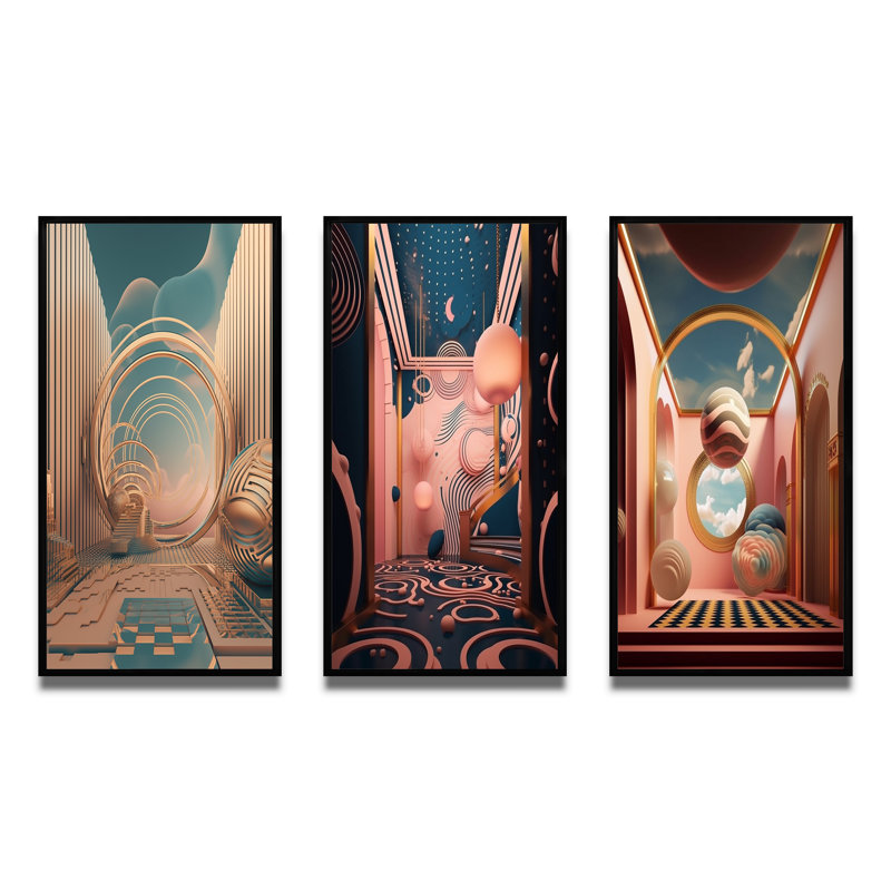 «Futur Folklore Minimal Retro Architecture I», 3 pièces sur toile, H 28 po x l 36 po, Cadre flottant noir