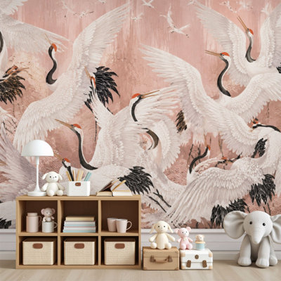 Peel and Stick Wallpaper Elegant White Cranes Pink Artistic Details Wall Murals 69"H x 96"W Removable PVC Wall Paper Self-Adhesive Wall Decor for Bedroom Living Room Home Office