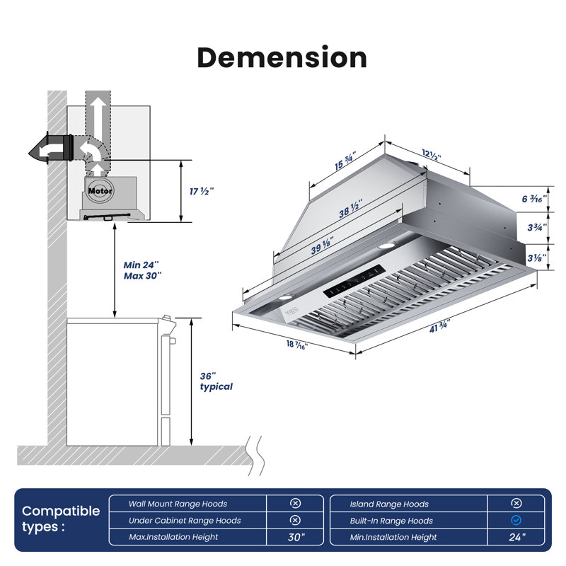 42” 500CFM Convertible Insert Range Hood In Stainless Steel