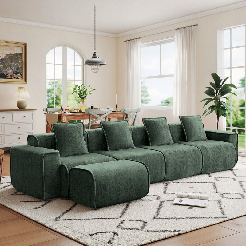 5-Seat Modular L Shape Velvet Sectional Boneless Sofa, No Assembly Required with French Edge Piping, Velvet - Green