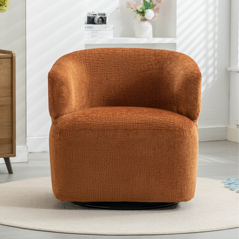 30" Wide Upholstered Swivel Barrel Accent Chair, No Assembly, Orange Chenille