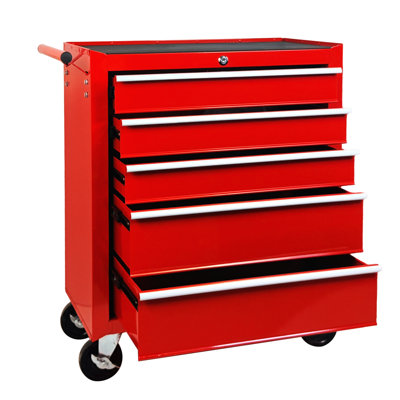 5-Drawer Rolling Tool Chest w/Lock & Key, Tool Storage Cabinet with Wheels, Top Cushion & Drawer Liners, Tool Organizer Box for Garage, Warehouse & Repair Shop-RED