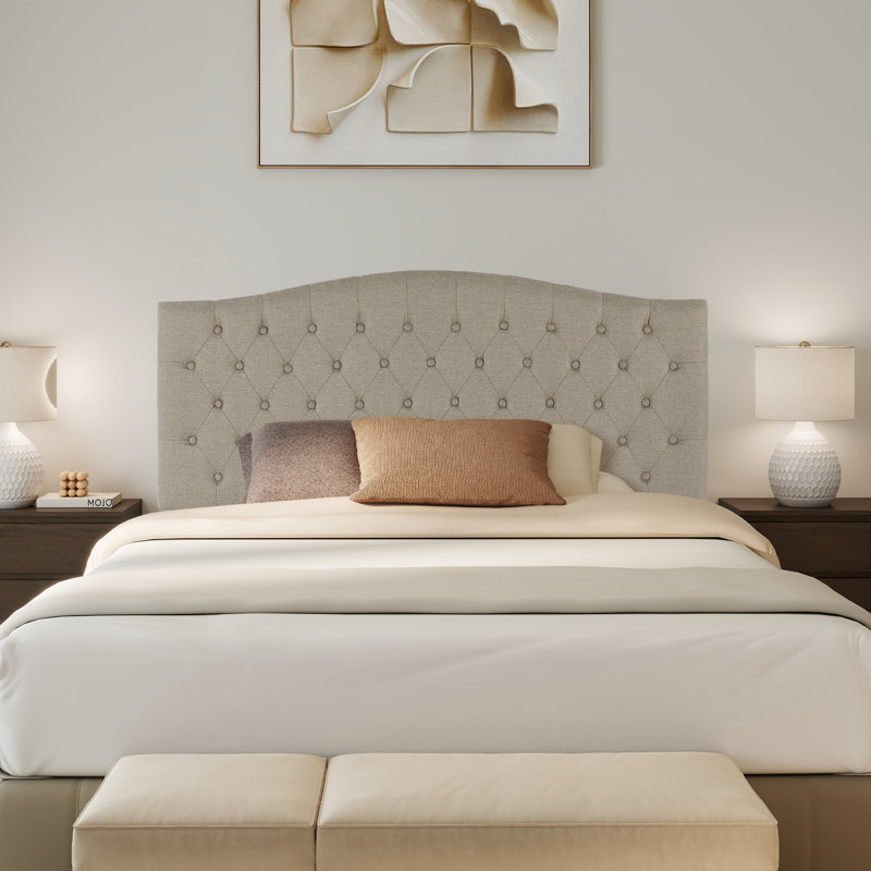 Button-Tufted Upholstered Headboard with Wall-Mount Option, Gray Linen, Full / Queen