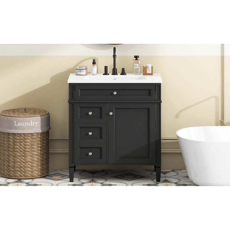 Meuble-lavabo moderne 30 po, lavabo avec 2 tiroirs et tiroir basculant, meuble-lavabo avec rangement pratique, Noir