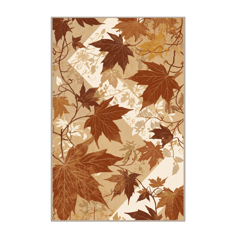 Machine Washable Ottwell Vine Maple Garden Floral Rug in Brown – Beige Binding, 7x10