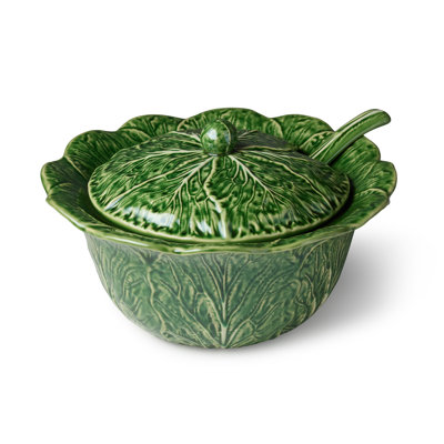 Soupière à chou vert Le Jardin avec louche à feuilles de chou assortie - Soupière en grès Heirloom Majolica avec couvercle sculpté - Centre de table familial pour les fêtes et les réceptions