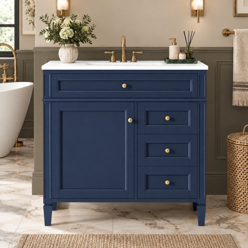 Meuble-lavabo 36 po avec comptoir en céramique, 2 tiroirs, tiroir basculant et porte, Bleu