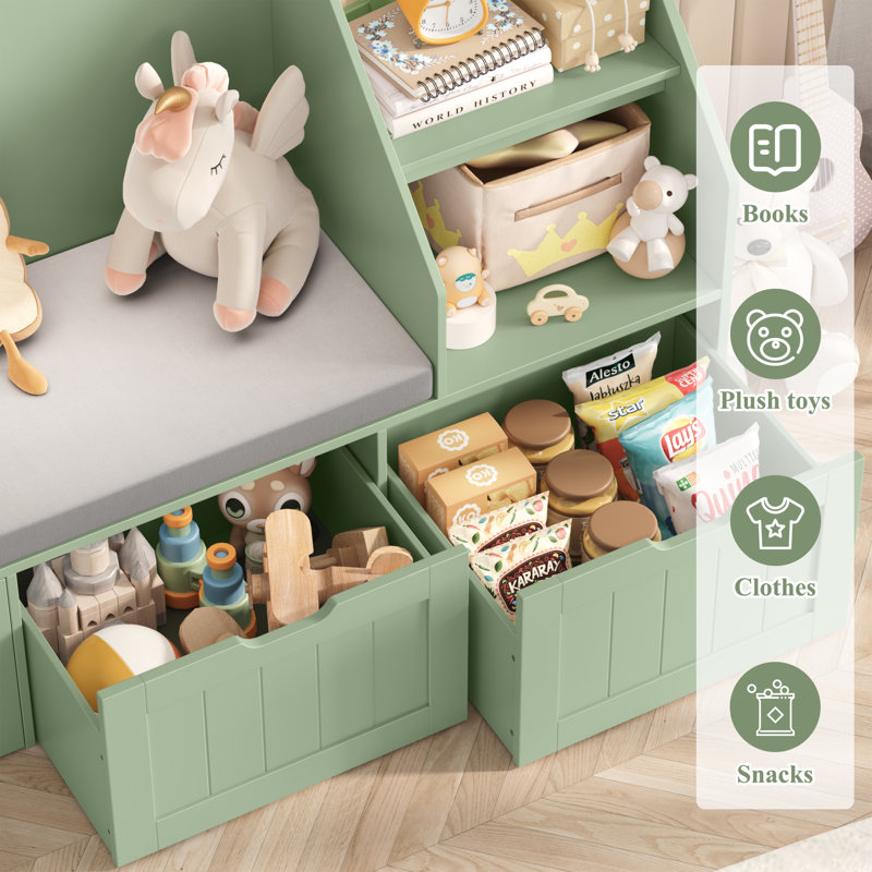 55.1" W x 31.5"H 3-IN-ONE Kids Bookcase with 3 Drawers, Soft Cushion, 4-Layer Bookshelf, Reading Nook, Sage Green