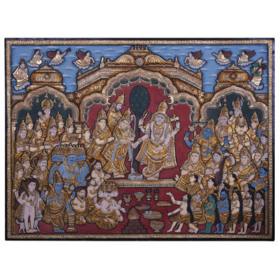Déesse Meenakshi Kalyanam | Couleurs traditionnelles avec or 24 carats | Avec cadre