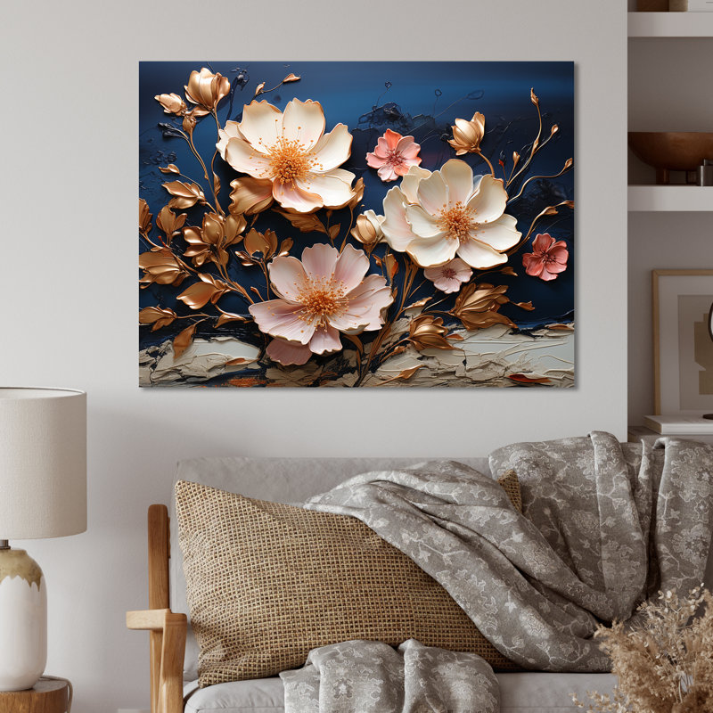 Fleurs blanches et bleues coquelicots I - art floral abstrait en métal, H 16 po x l 32 po x P 1 po