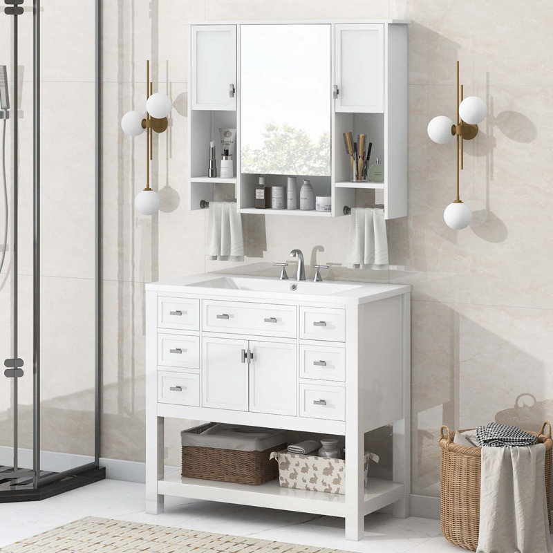 Meuble-lavabo 36 po avec lavabo supérieur et armoire à miroir, Blanc