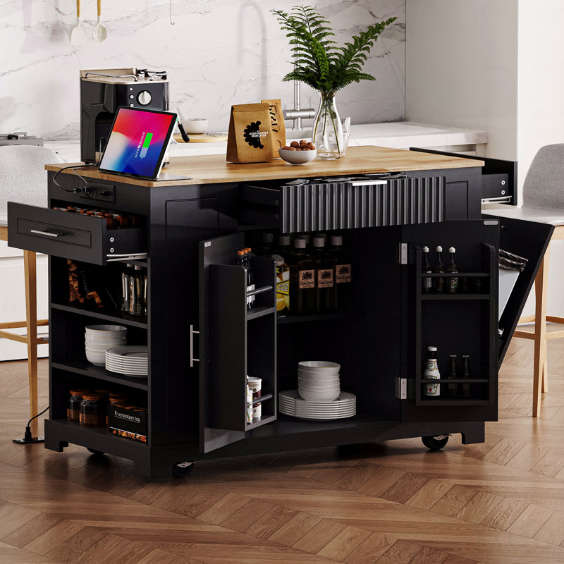 Table pour îlot de cuisine, cannelée avec armoire de rangement pour poubelle, prise de courant, support de rangement interne, roulettes sur 5 roulettes avec 3 tiroirs, 3 tablettes latérales ouvertes