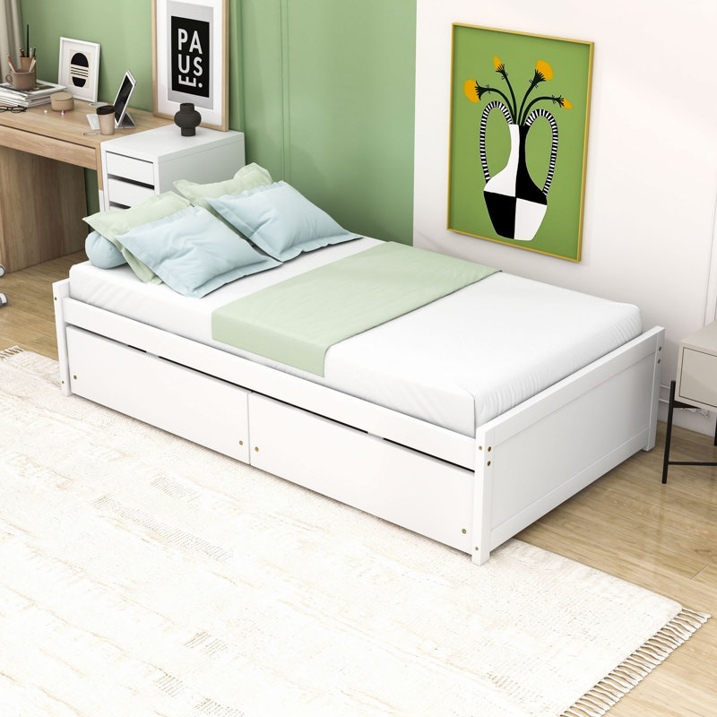 2 Drawers Twin Bed, Minimalist Design, White