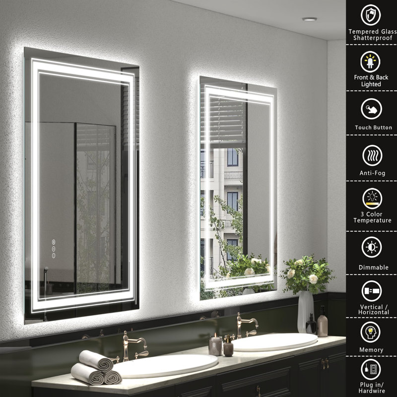 Miroir de salle de bain sans cadre à DEL, miroir intelligent, 48 po x 32 po