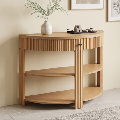 Console cannelée demi-lune avec tiroir et tablettes
