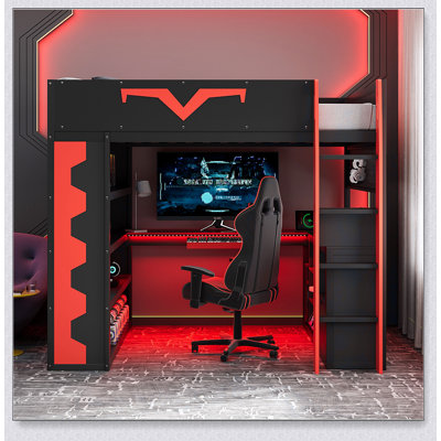 Gaming Loft Bed With Integrated Desk & RGB LED Lights, Pro-Gamer Bed With Power Outlet, Large Bookshelf, Pegboard, Keyboard Tray & Storage Drawer, 3 Colors Available