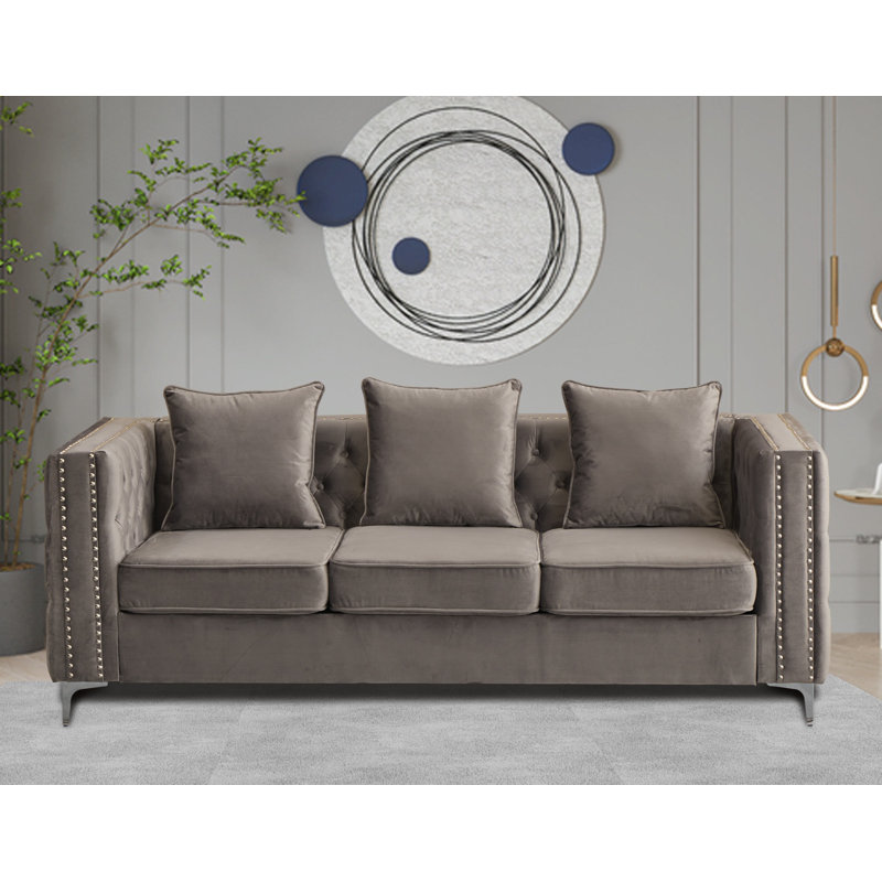 Vanida Charterhouse 86.4" Velvet Tuxedo Arm Sofa, Gray Velvet