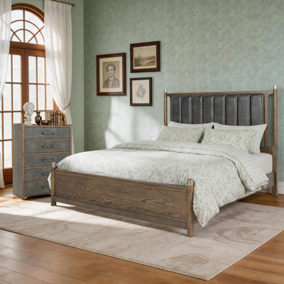 Modern California King Solid Wood Bed Frame With Upholstered Headboard & Wooden Slats Support