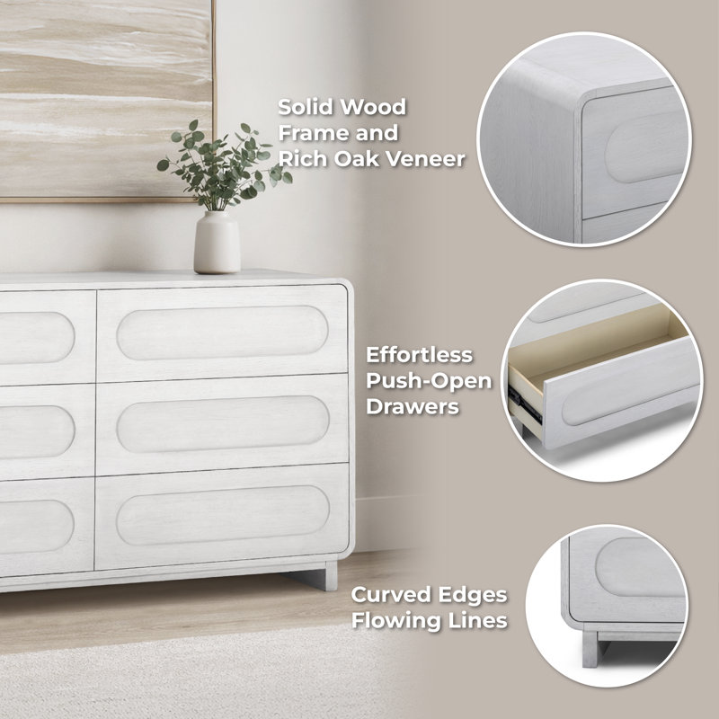 Tenley Solid Wood Push-to-Open 6-Drawer Dresser with Recessed Channel Design For Bedroom Storage, White