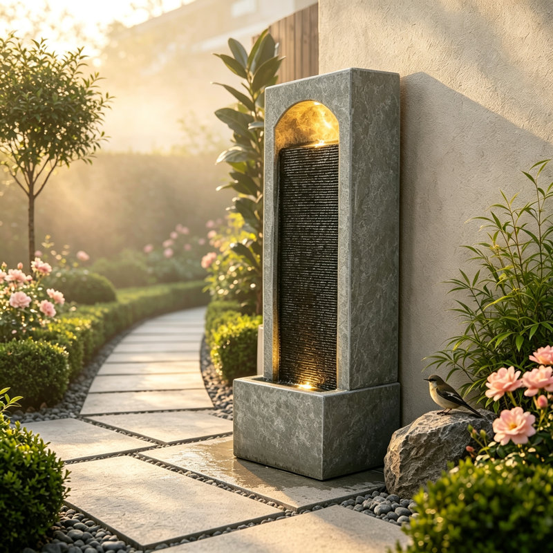 Fontaine d'eau verticale moderne en résine noire et grise avec pompe, résistante aux intempéries, idéale pour décorer jardin, terrasse, porche ou entrée.