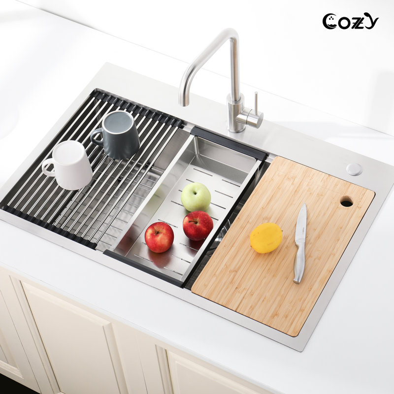 Évier de cuisine gris Nano en acier inoxydable 304 fabriqué à la main 30 po x 22 po avec enduit barrière et bonne capacité de déchargement - poste de travail de 22 po - Gris
