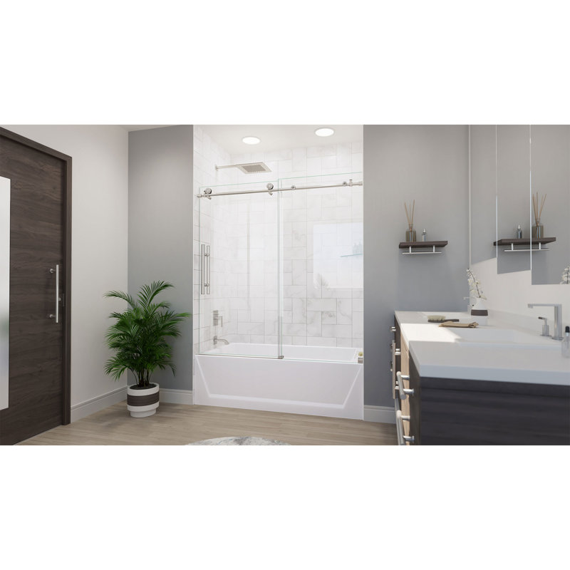 55" - 59" W x 62" H Single Sliding Frameless Tub Door with ClearMax Glass Treatment, Brushed Stainless Steel
