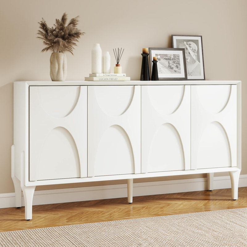 Alvayero 59" Storage Sideboard Cabinet, Mid-Century Modern Buffet with Adjustable Shelves and Solid Wood Legs for Dining Room or Living Room ，White
