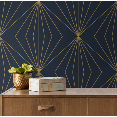 Seabrook Designs Dark Blue & Metallic Gold Gem Geometric Prepasted Wallpaper