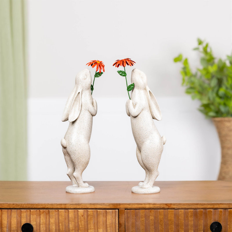 Rabbit with Flower Statue (Set of 2)