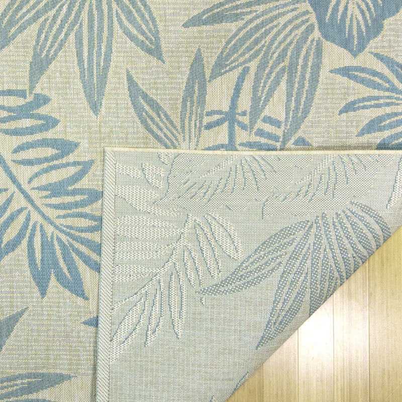 Reyn Spooner Kamea Oasis Blue/Beige Tropical Leaves Flatweave Indoor/Outdoor Area Rug, Rectangle 7'10" W x 10' L