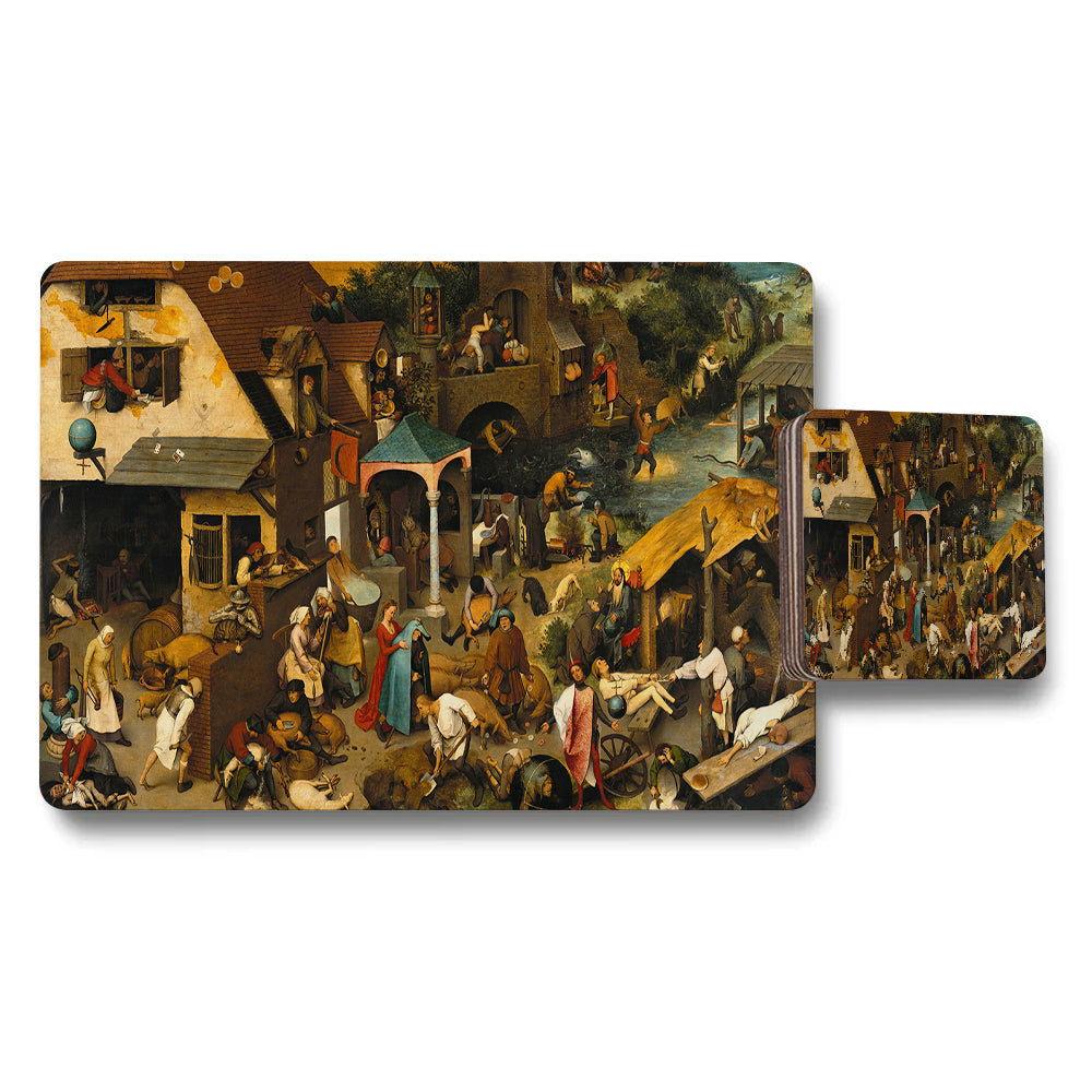 Placemat Coaster Set Featuring Vintage Village Scene Artwork