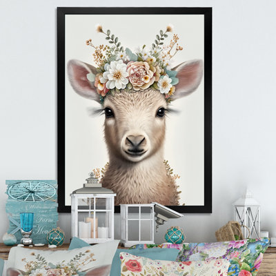 Mignon bébé mouton avec couronne florale - animaux, art mural sur toile
