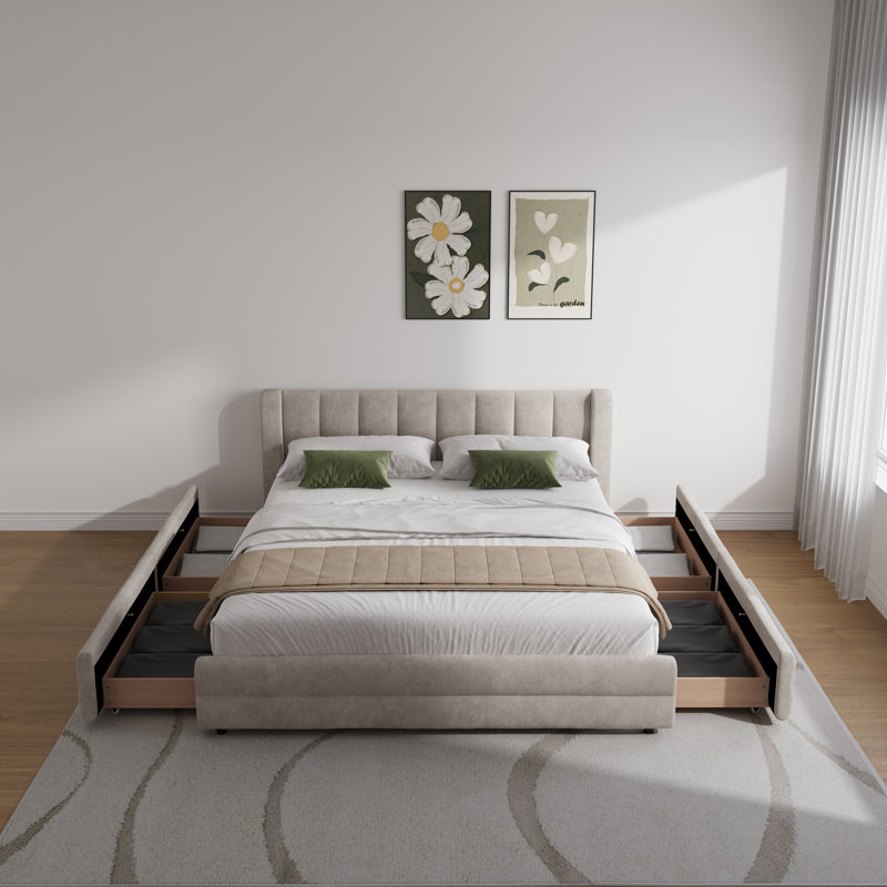 Structure de lit plateforme en chenille avec tête de lit et tiroir de rangement rembourrés, Beige, Grand